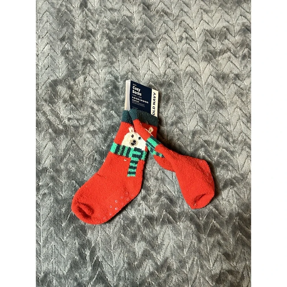 OLD NAVY BABY / TODDLER COZY SOCKS NON-SLIP Red With Bear SIZE S (6-12months)